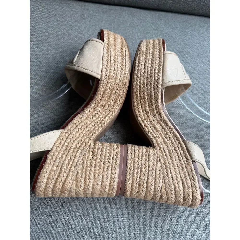 Tory Burch Fleming Nappa Leather Platform Espadrille Wedge Sandals Cream Sz 8.5